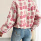Pink floral patches fuzzy fleece zip-up jacket with plush white base