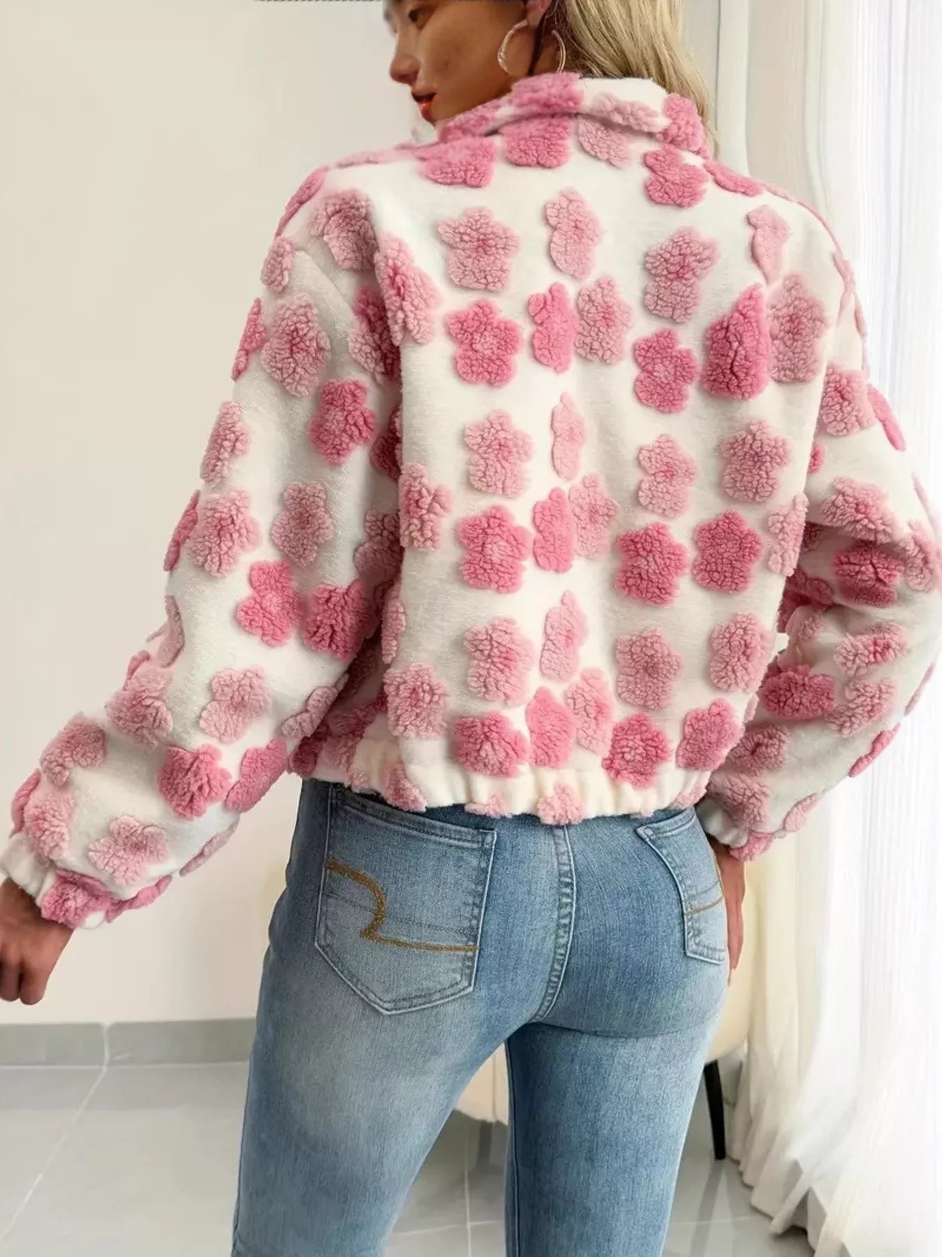 Pink floral patches fuzzy fleece zip-up jacket with plush white base