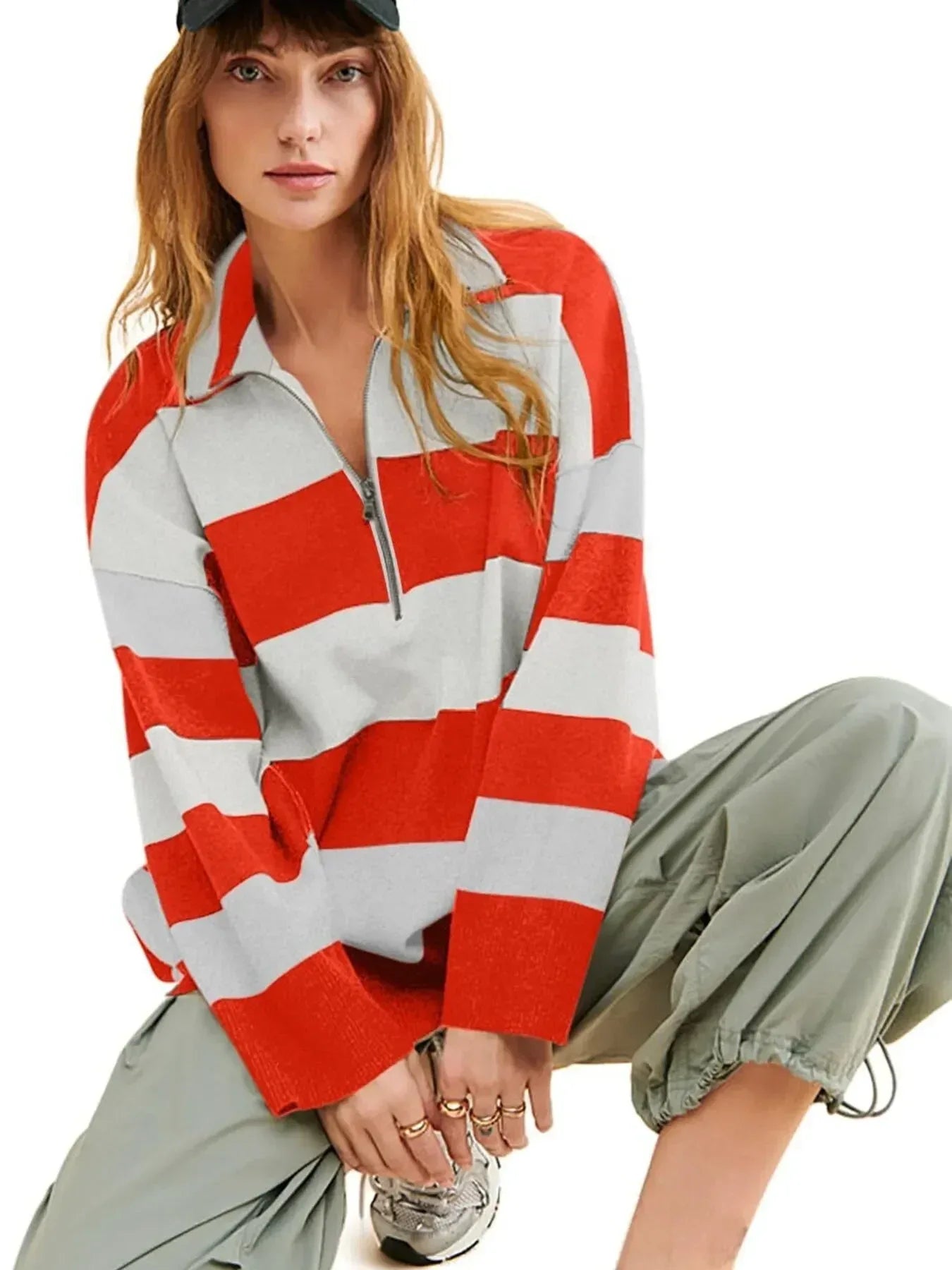 Striped Half-Zip Oversized Sweatshirt - DAVERRI FASHIONS