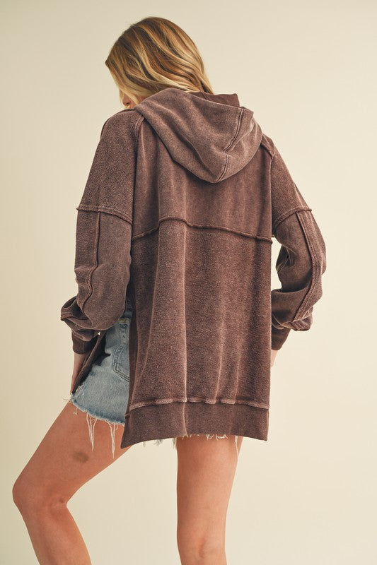 Aemi + Co Exposed Seam Side Slit Hoodie with Kangaroo Pocket