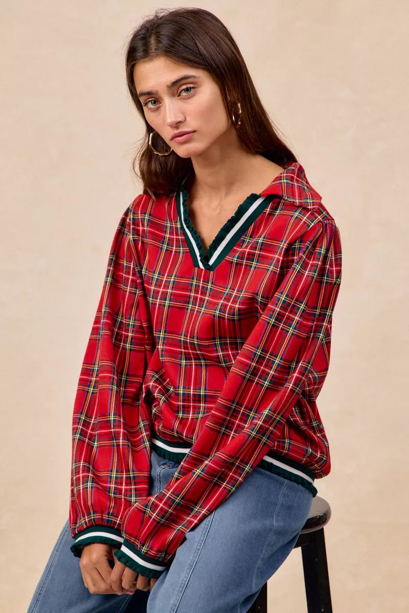 Red plaid flannel BiBi Christmas collared top with ruffles