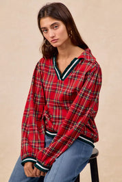 Red plaid flannel BiBi Christmas collared top with ruffles