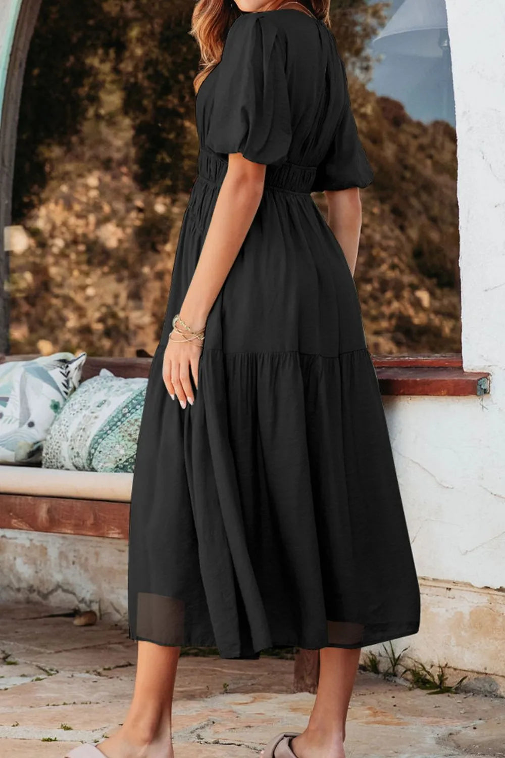 Black puff-sleeve pleated high-waist flowy midi dress