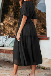 Black puff-sleeve pleated high-waist flowy midi dress