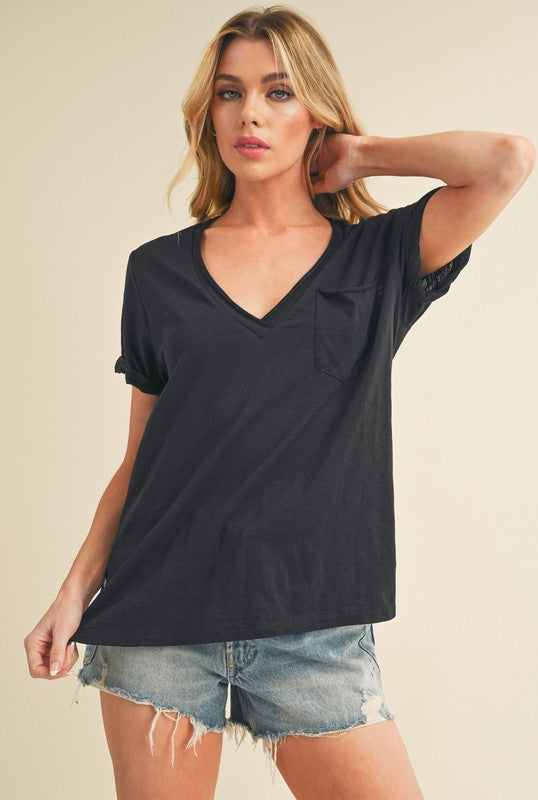 Aemi + Co Side Slit V-Neck Short Rolled Sleeve T-Shirt Black T-Shirts