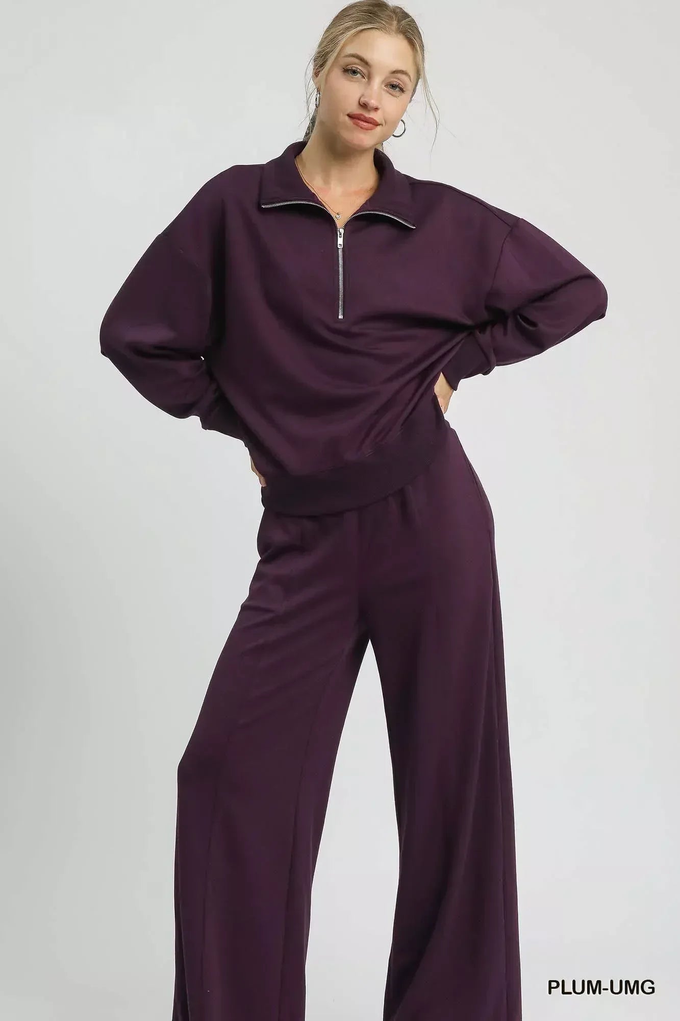 Umgee Half Zip Drop Shoulder Sweatshirt - DAVERRI FASHIONS