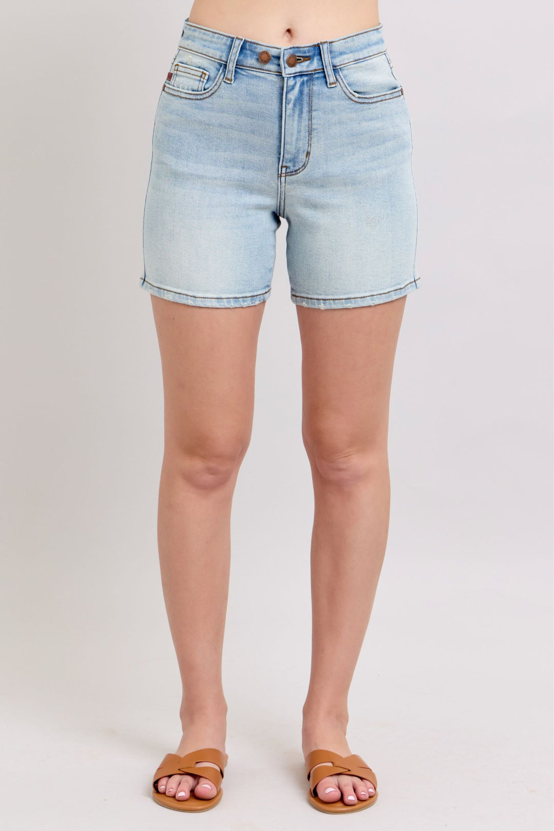 Judy Blue Full Size 2 Button Denim Shorts with Pockets Plus Size Light Denim Shorts