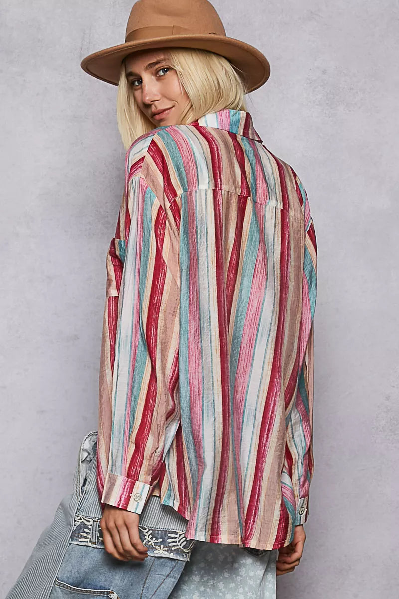 POL Striped Button-Down Oversized Shirt | Daverri Fashions