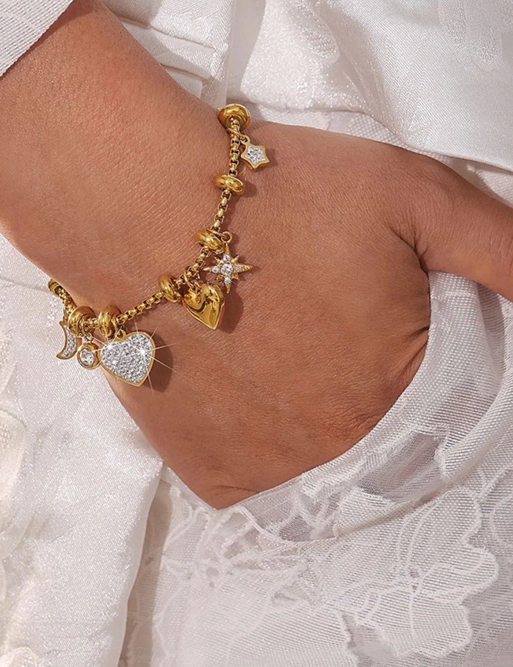 Gold One Size Titanium Steel Inland Zircon Heart Charm Bracelet | Bracelets Daverri Fashions