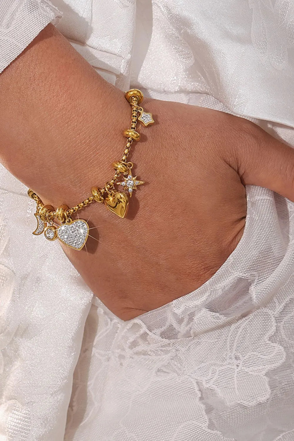 Gold One Size Titanium Steel Inland Zircon Heart Charm Bracelet | Bracelets Daverri Fashions