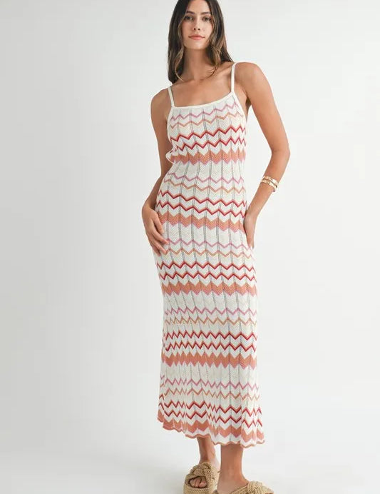 Salmon M MABLE Lightweight Pointelle Chevron Knit Maxi Dress | Maxi Dresses Daverri Fashions