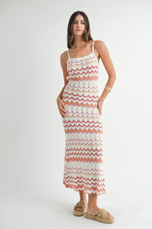 MABLE Lightweight Pointelle Chevron Knit Maxi Dress Salmon M Maxi Dresses