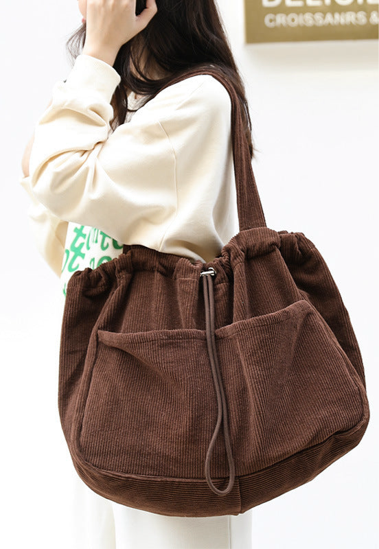 Drawstring Multi-pocket Corduroy Shoulder Bag | Handbags Daverri Fashions