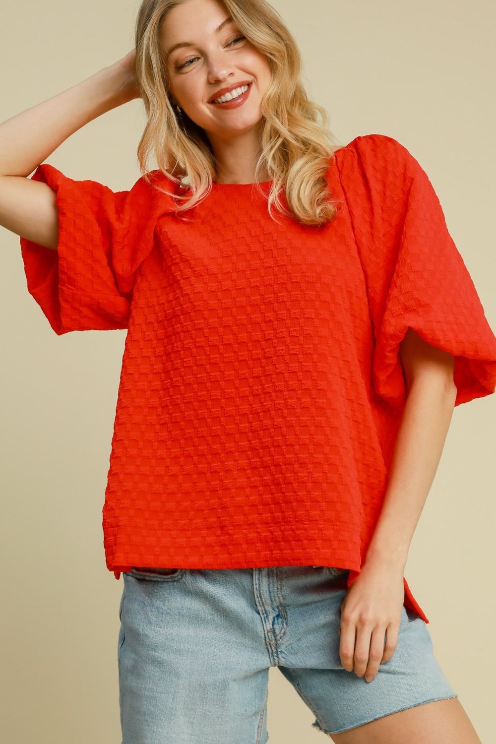 Umgee Full Size Boxy Cut Jacquard Round Neck Top with Side Slit Red Tops