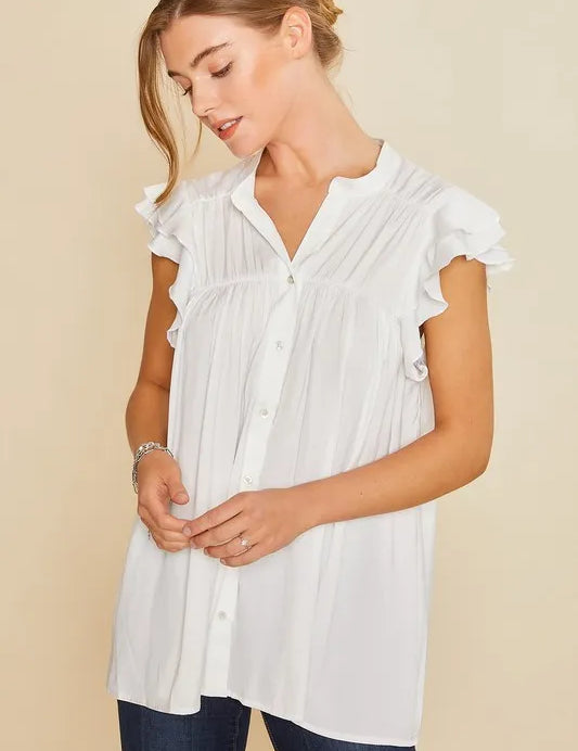 WHITE Annie Wear Ruffle Sleeve Shirred Flowy Woven Tunic Shirts | Daverri Fashions