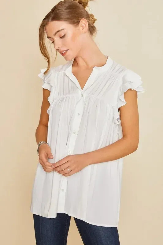 Annie Wear Ruffle Sleeve Shirred Flowy Woven Tunic Shirts - DAVERRI FASHIONS