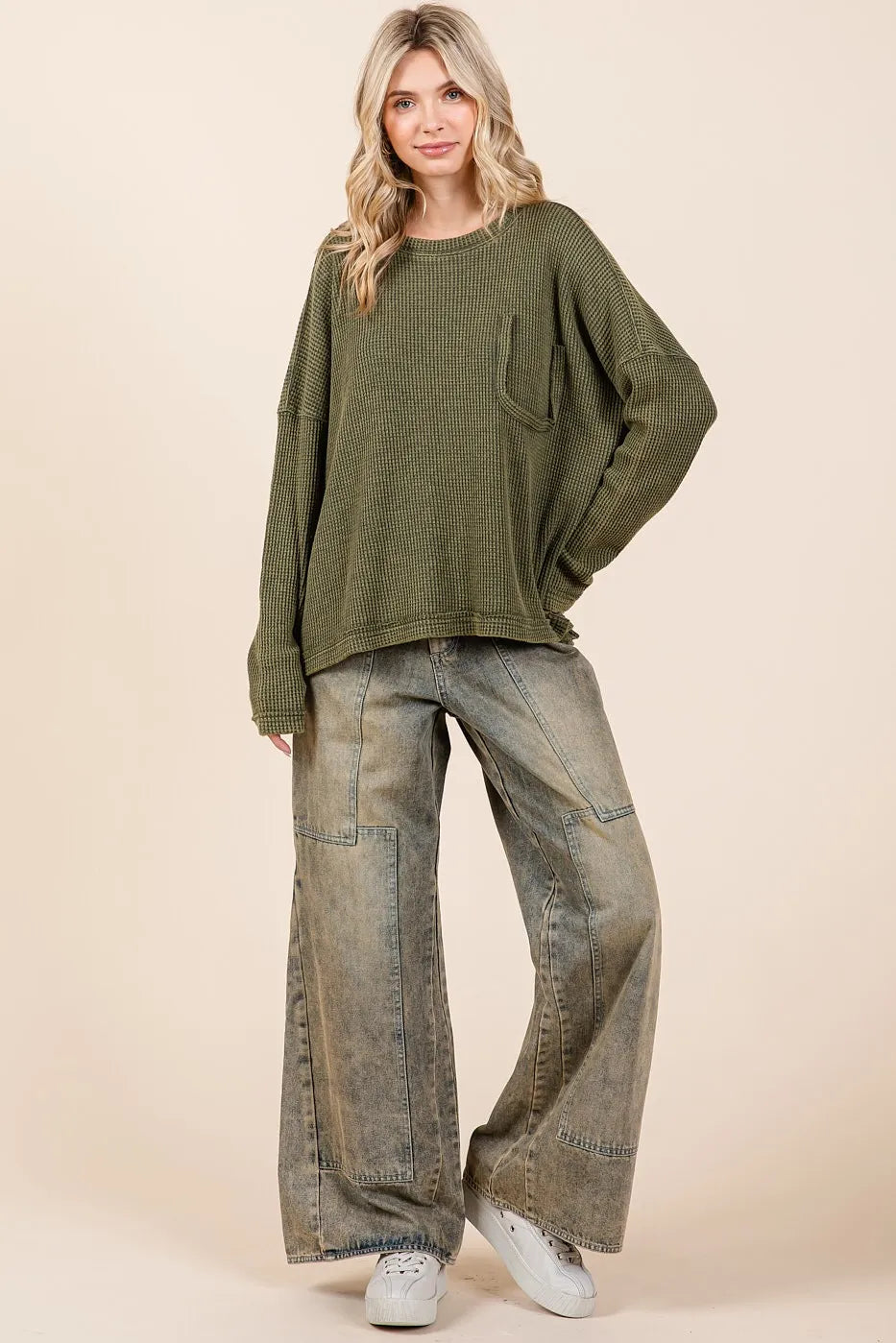 Mittoshop Mineral Wash Cutout Pocket Long Sleeve Waffle Top | Tops Daverri Fashions