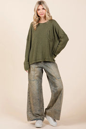 Mittoshop Mineral Wash Cutout Pocket Long Sleeve Waffle Top | Tops Daverri Fashions
