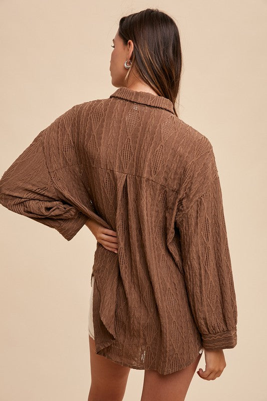 Annie Wear Openwork Button Down Drop Shoulder Shirt Tops