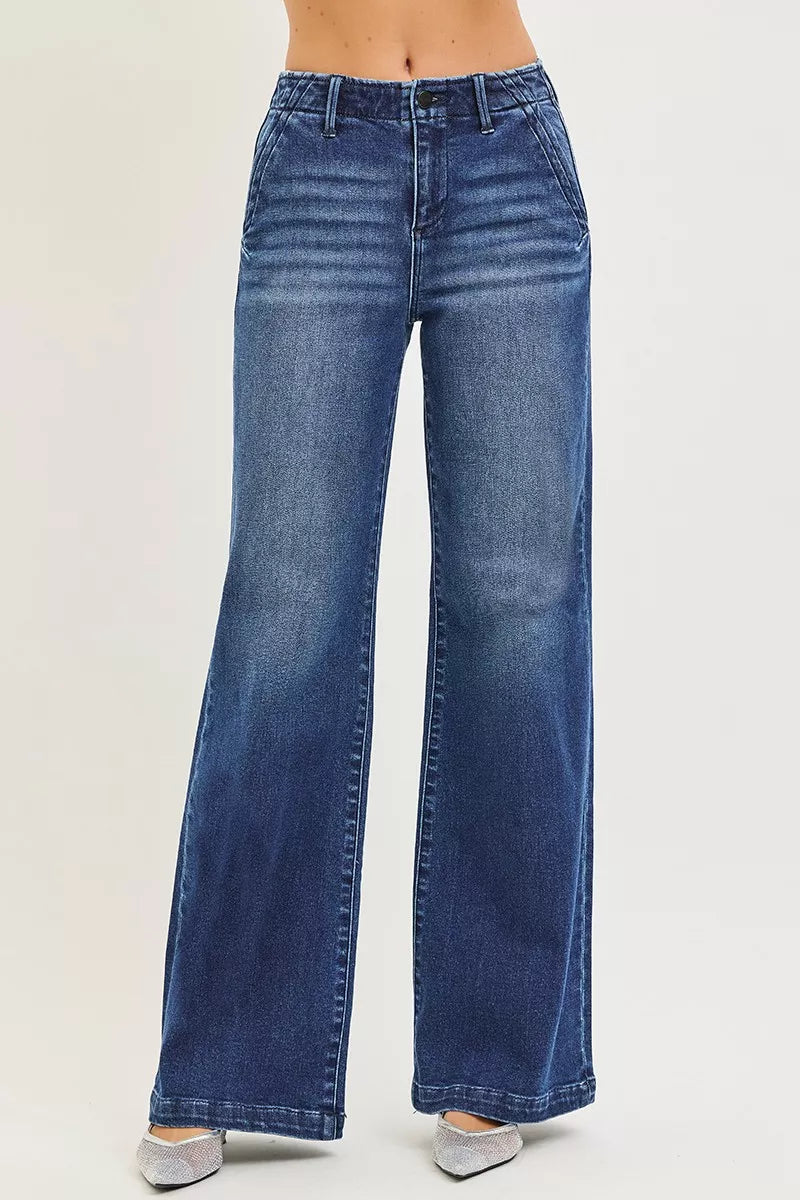 RISEN high-rise wide-leg blue denim jeans with fading