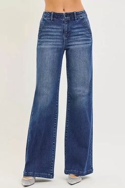 RISEN high-rise wide-leg blue denim jeans with fading