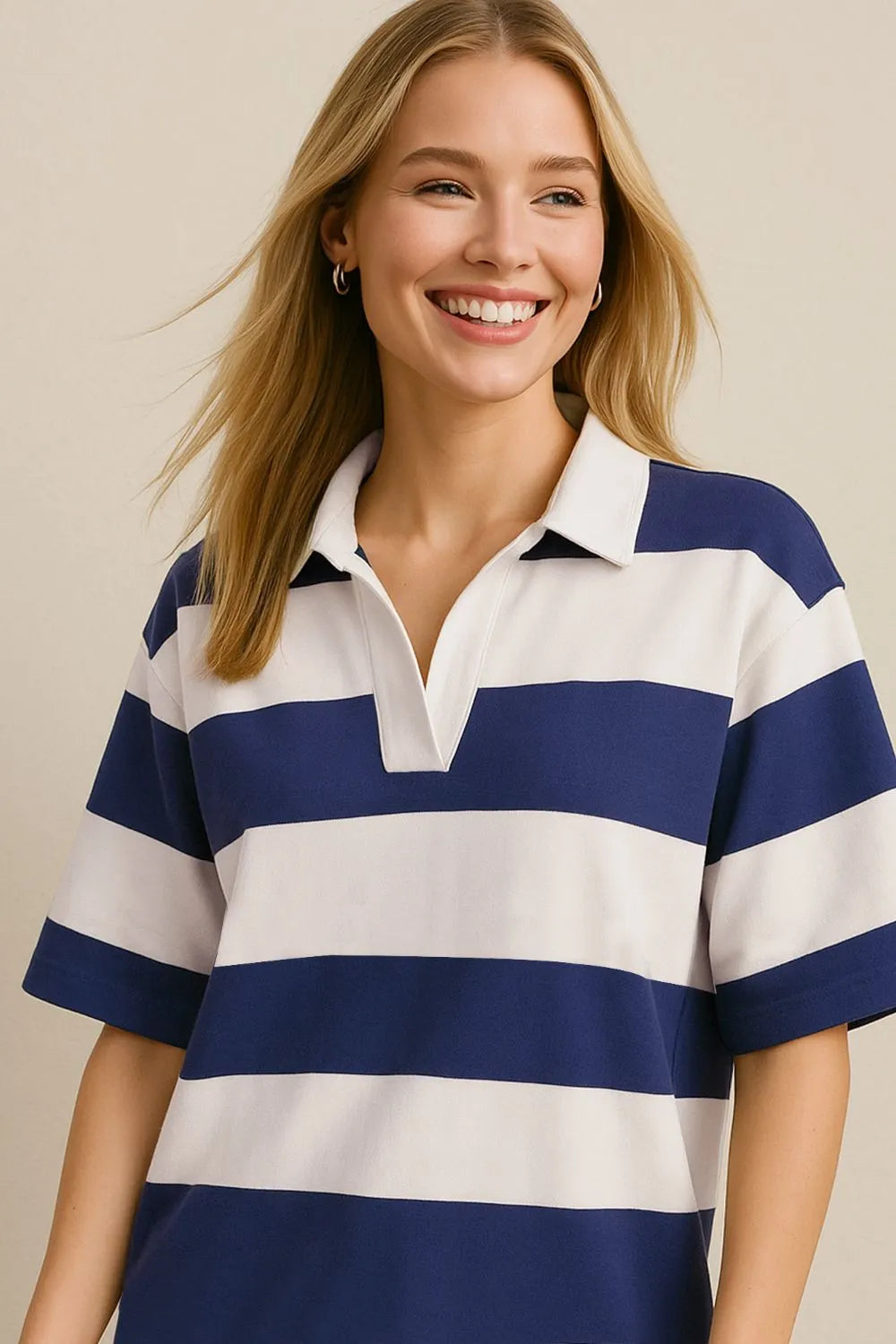 Daverri Pima cotton navy white striped johnny collar half sleeve top
