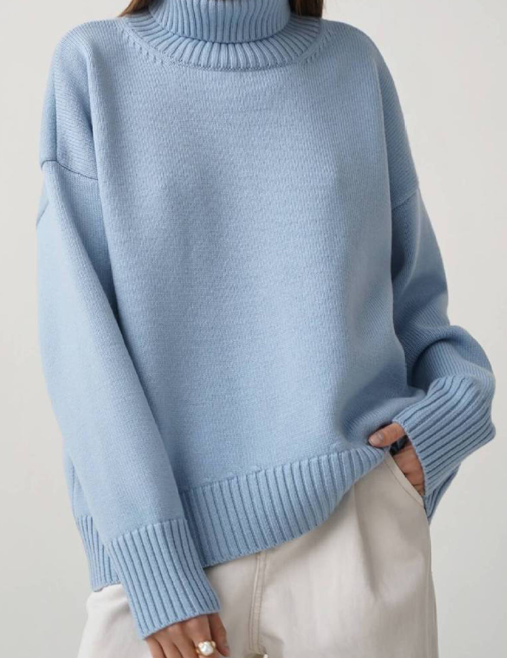 Misty Blue Turtle Neck Dropped Shoulder Sweater | Sweaters Daverri Fashions