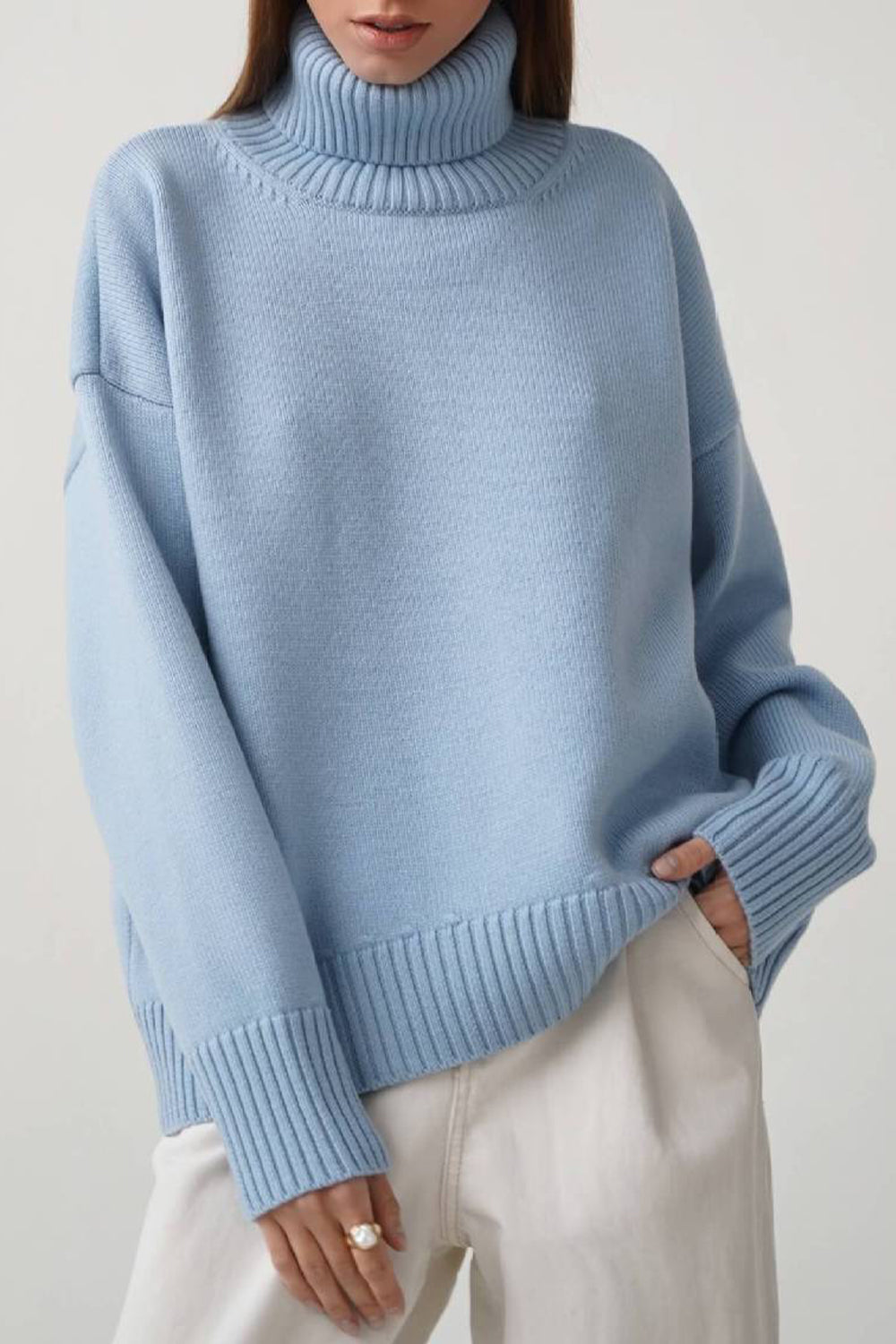 Misty Blue Turtle Neck Dropped Shoulder Sweater | Sweaters Daverri Fashions