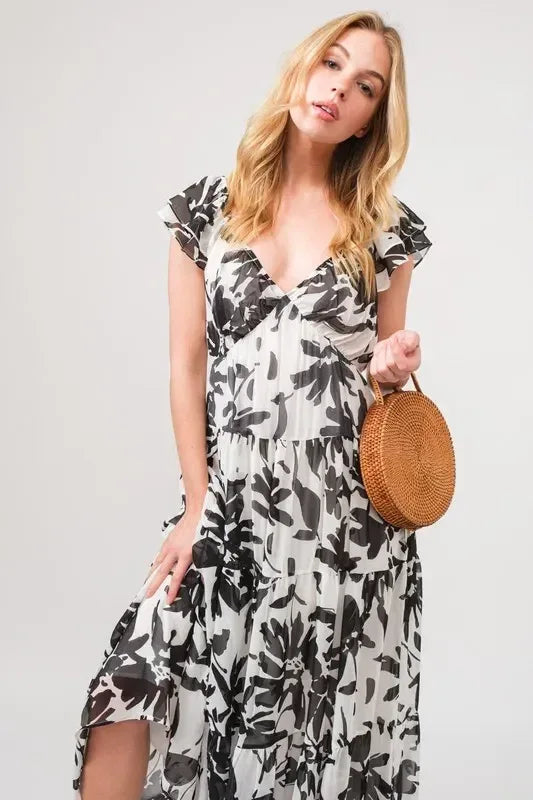 And The Why Ruffled Sleeve Tiered Floral Print Maxi Dress - DAVERRI FASHIONS