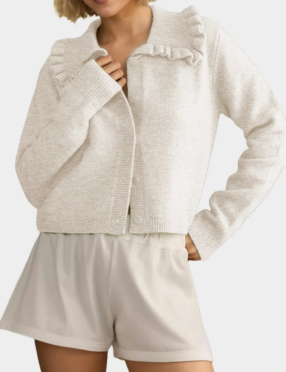 White Frill Button Up Collared Neck Long Sleeve Cardigan | Cardigans Daverri Fashions
