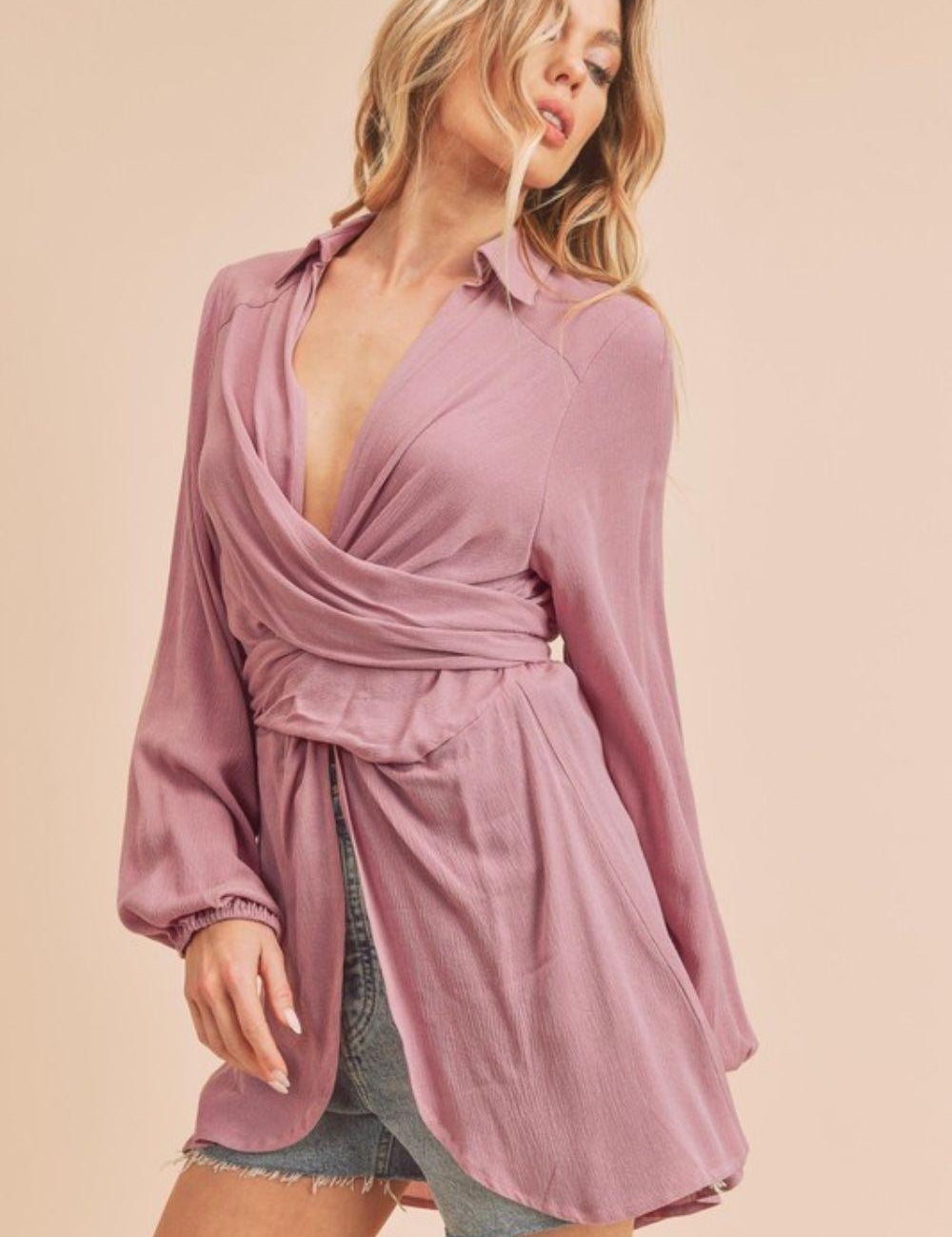 Aemi + Co Tied Collared Neck Long Sleeve Top | Tops Daverri Fashions