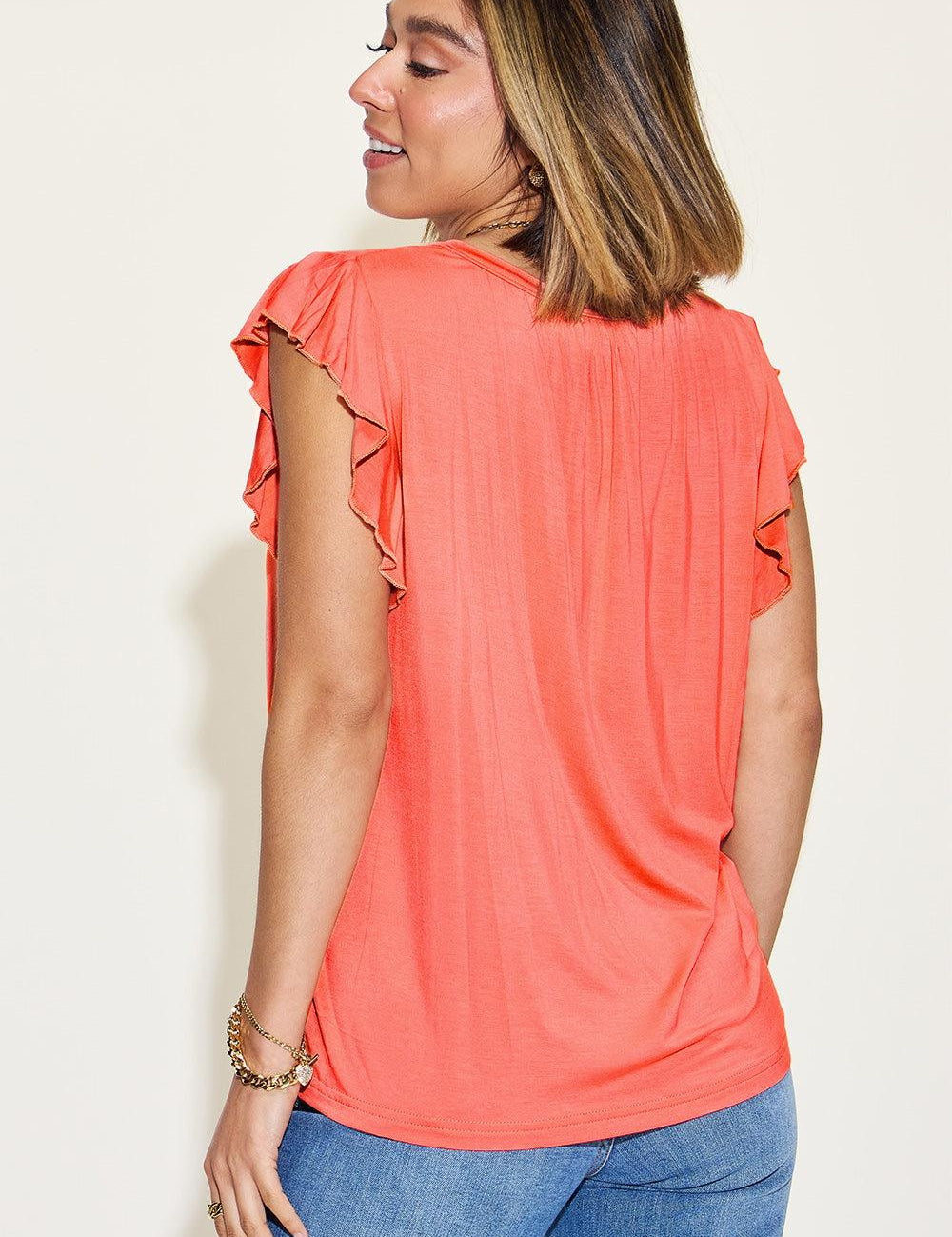 Basic Bae Full Size Bamboo Notched Ruffled Short Sleeve T-Shirt | T-Shirts Daverri Fashions
