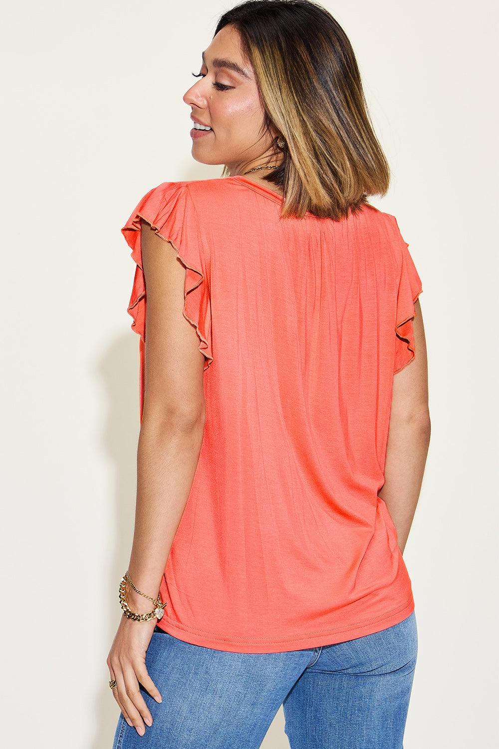 Basic Bae Full Size Bamboo Notched Ruffled Short Sleeve T-Shirt | T-Shirts Daverri Fashions