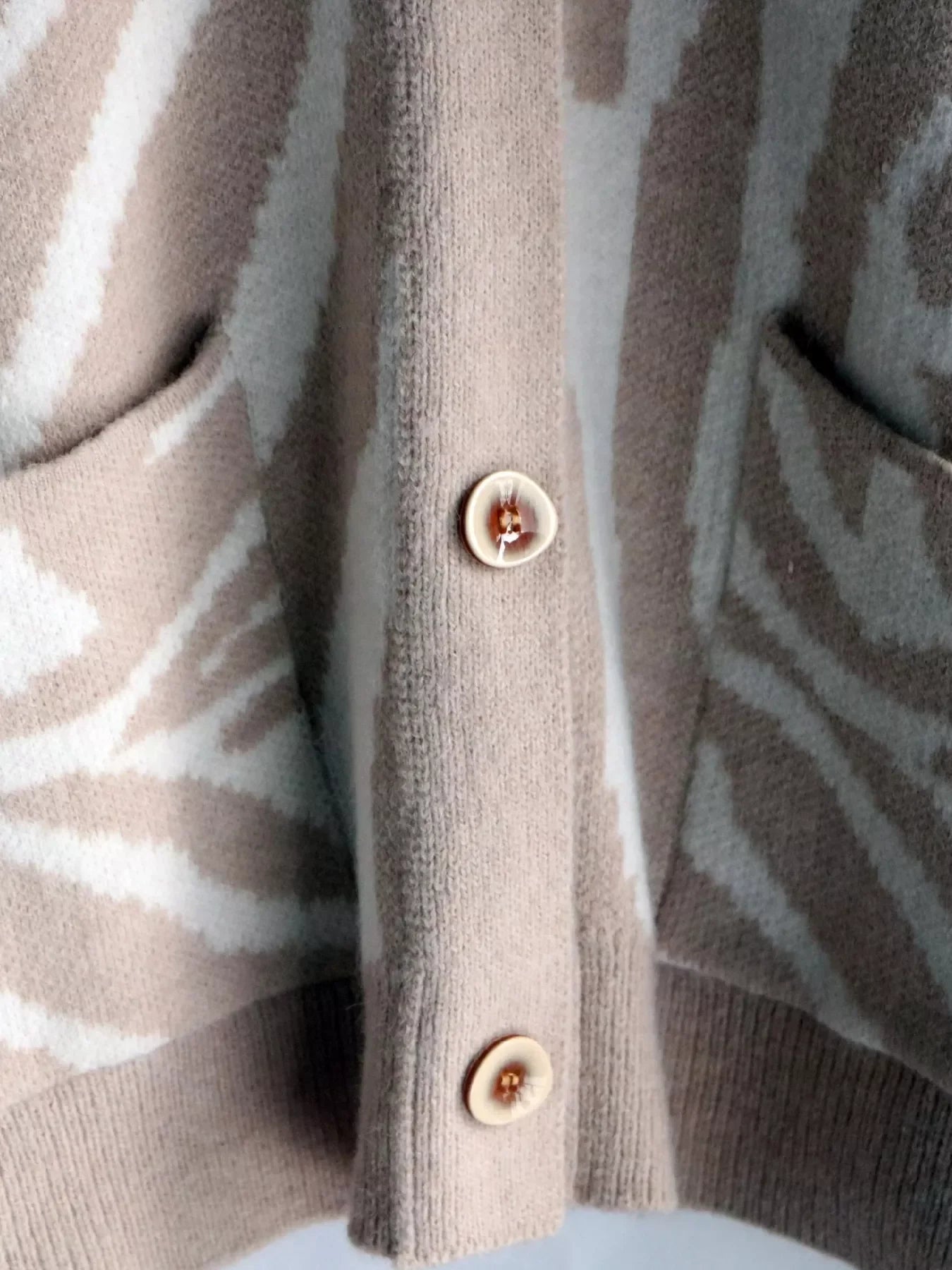 Beige and white striped Zebra Print Button Up Cardigan with wooden buttons