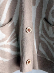 Beige and white striped Zebra Print Button Up Cardigan with wooden buttons