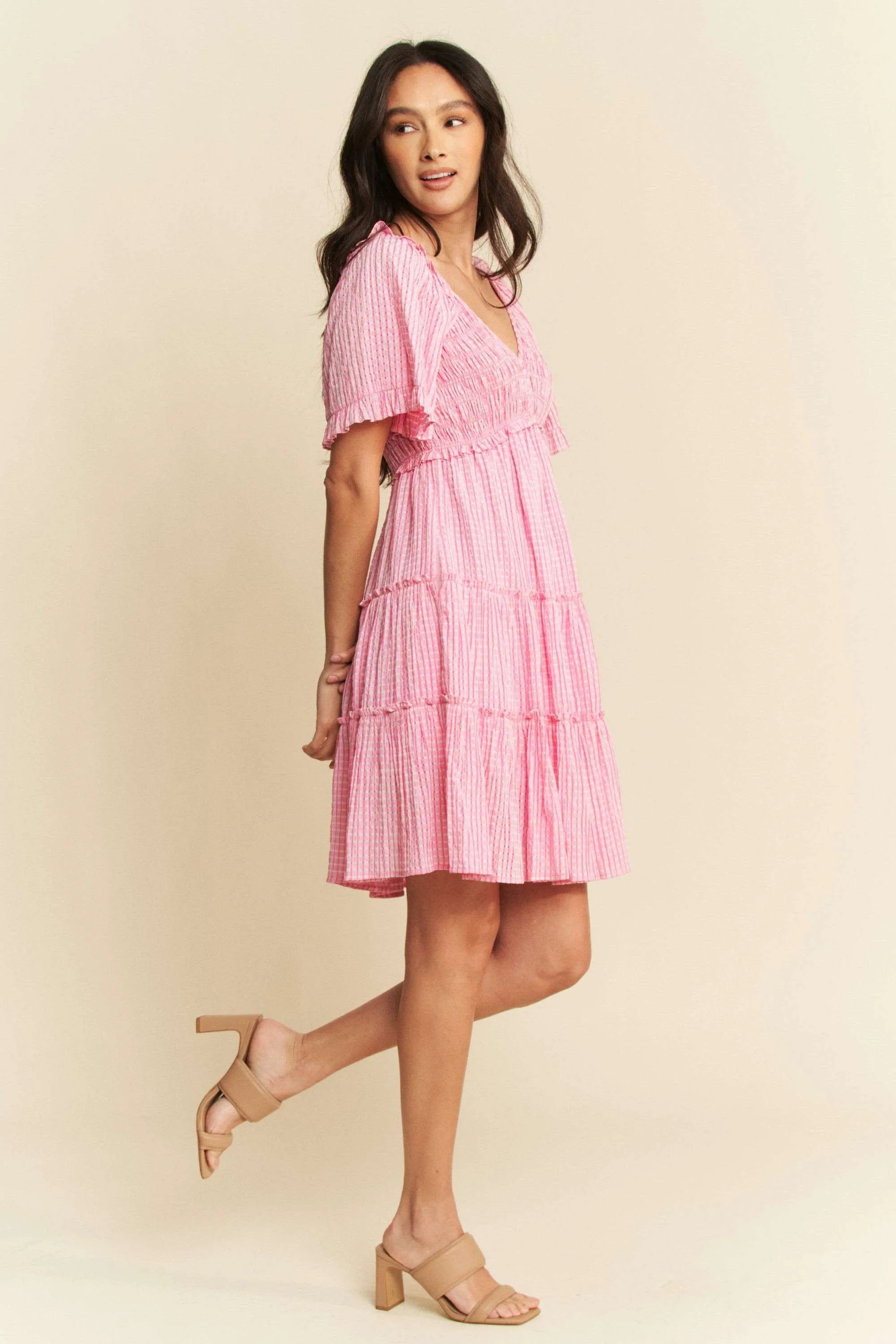 Davi & Dani Jacquard Checker Smocking Tiered Dress Mini Dresses