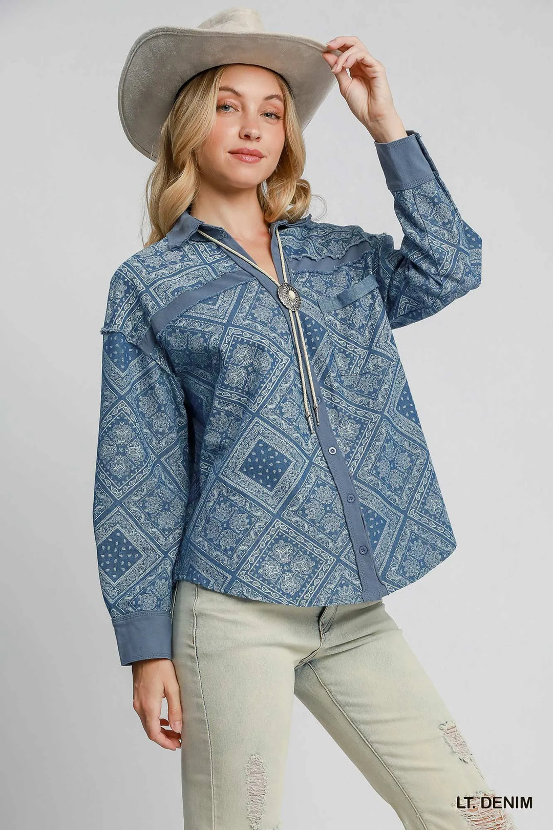Umgee Paisley Print Denim Shirt Jacket Shackets