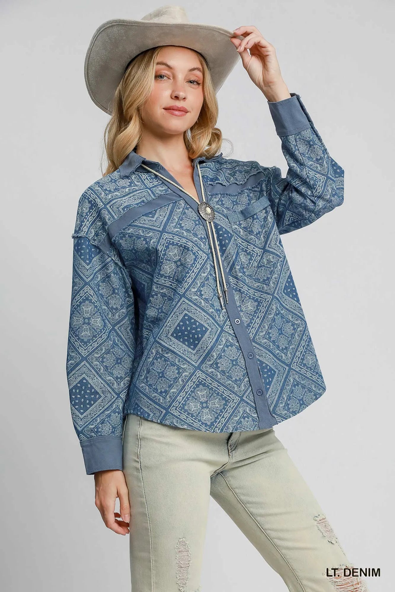 Umgee Paisley Print Denim Shirt Jacket Shackets