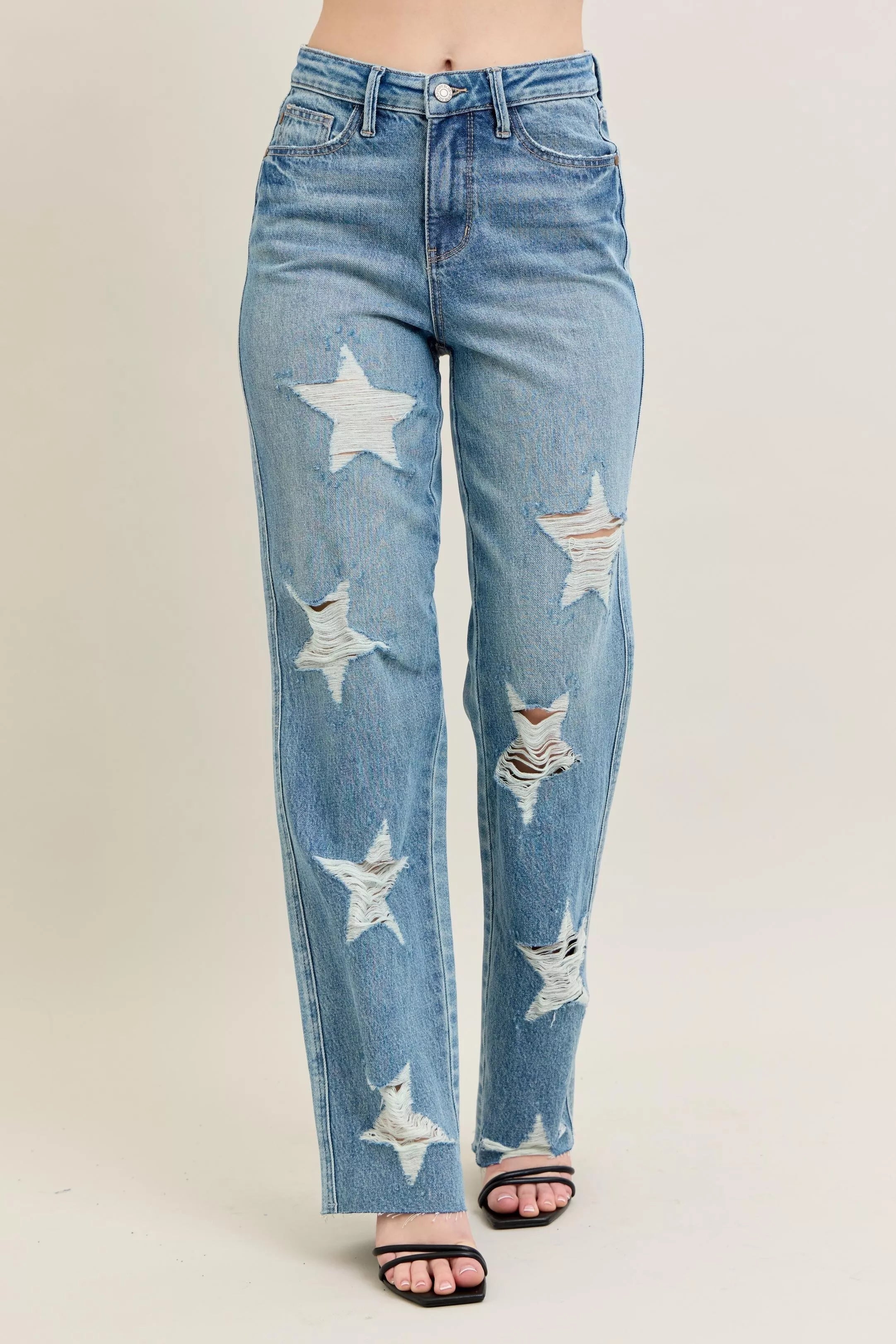 Judy Blue Full Size High Waist Rigid Magic Star Shaped Destroy 90's Straight Jeans Plus Size | Jeans Daverri Fashions