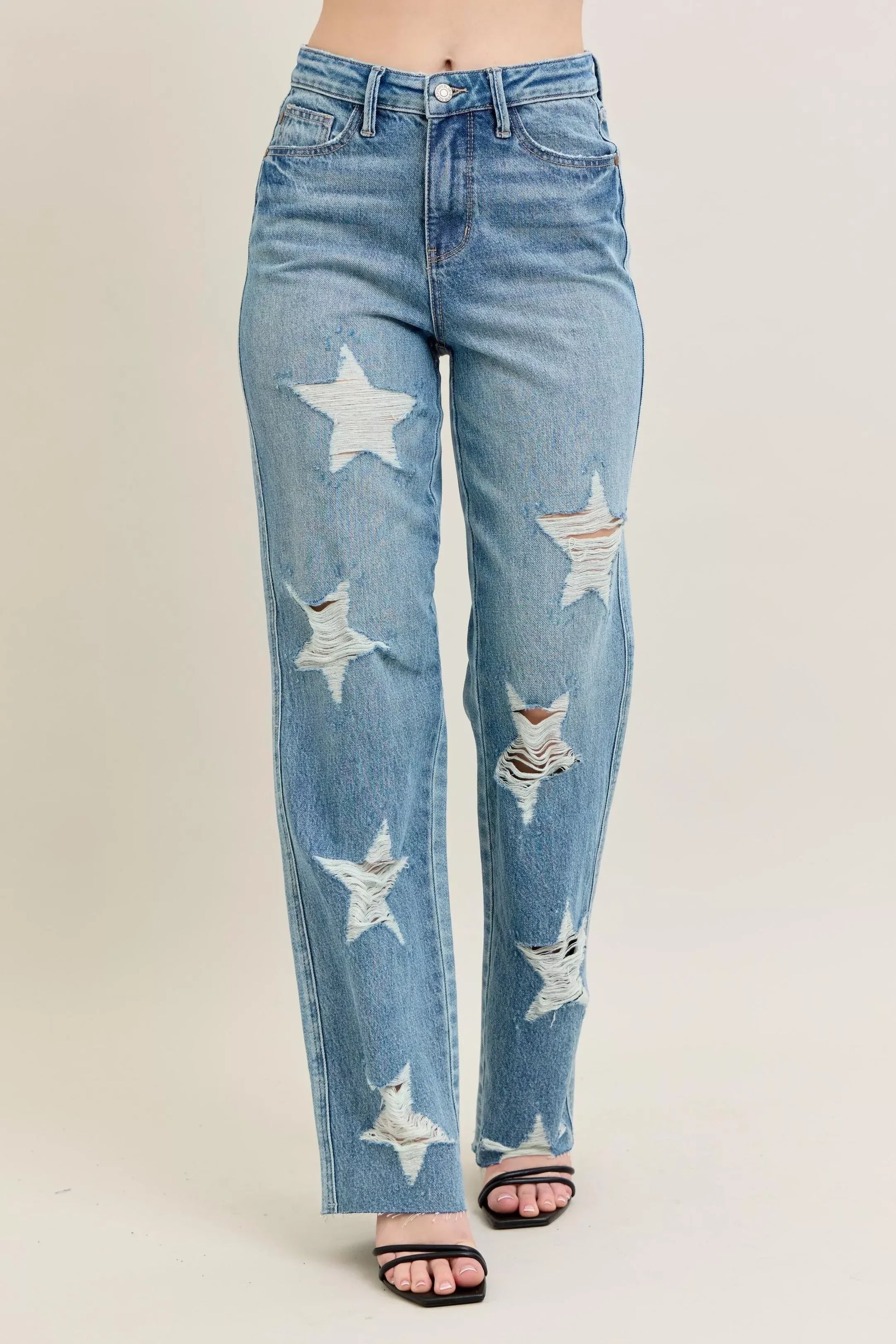 Judy Blue Full Size High Waist Rigid Magic Star Shaped Destroy 90's Straight Jeans Plus Size - DAVERRI FASHIONS