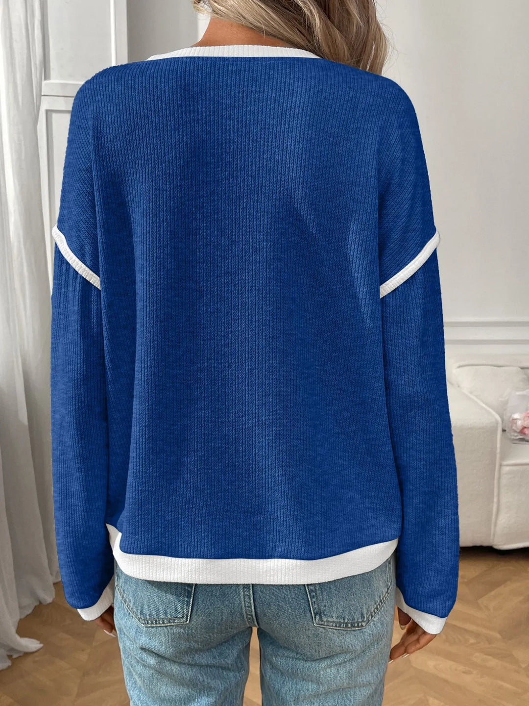 Ribbed Contrast Trim Long Sleeve Top | Knit Tops Daverri Fashions