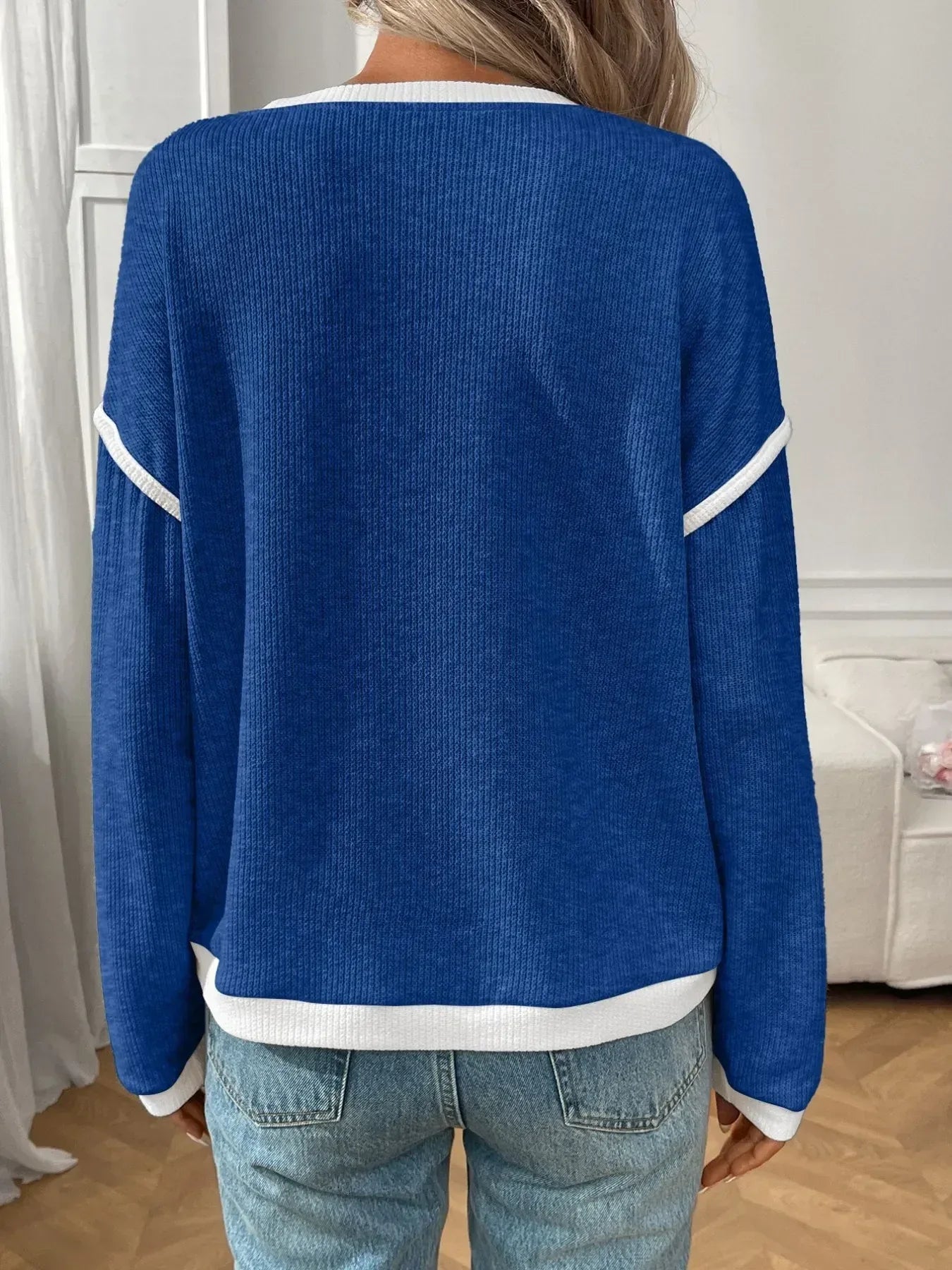 Ribbed Contrast Trim Long Sleeve Top - DAVERRI FASHIONS