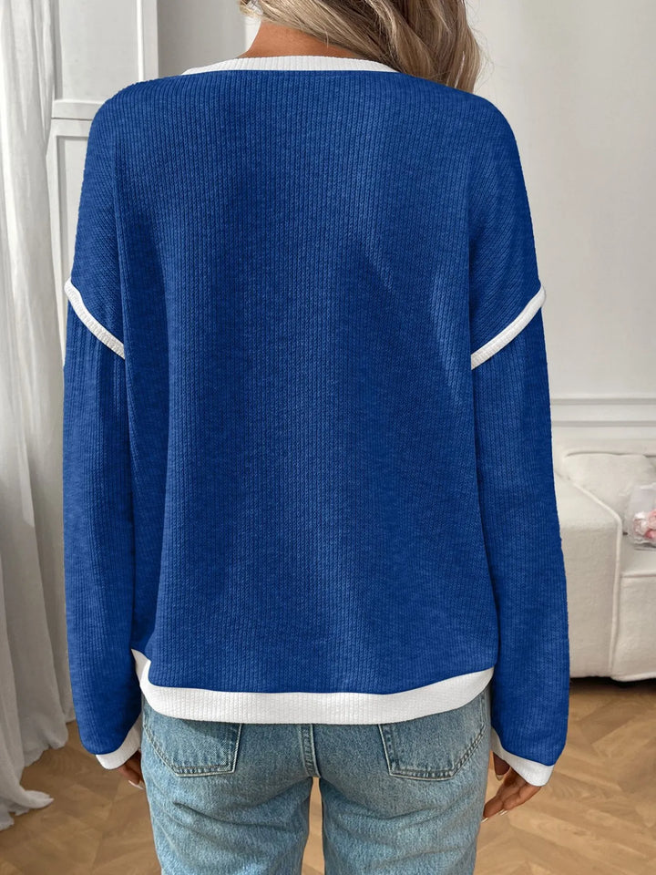 Ribbed Contrast Trim Long Sleeve Top | Knit Tops Daverri Fashions