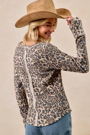 BiBi Leopard Print Washed Waffle Thermal Top with Thumb | Knit Tops Daverri Fashions