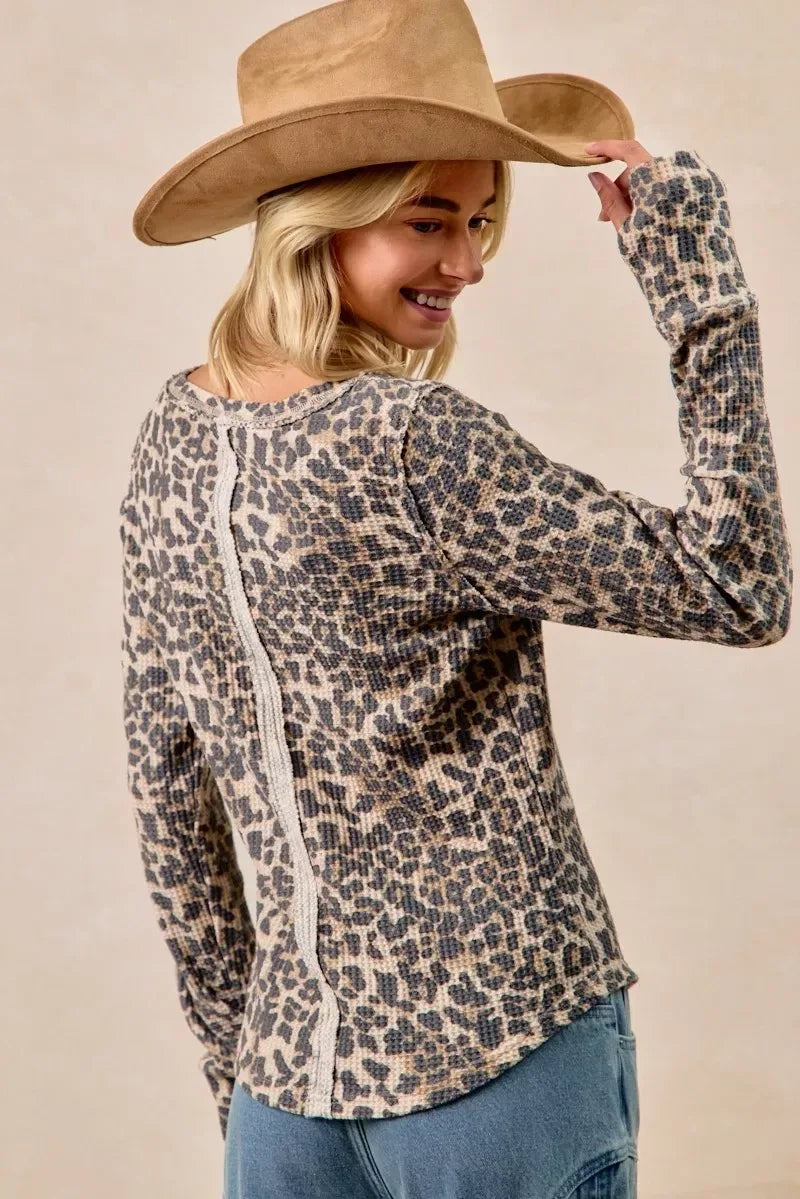 BiBi Leopard Print Washed Waffle Thermal Top with Thumb - DAVERRI FASHIONS