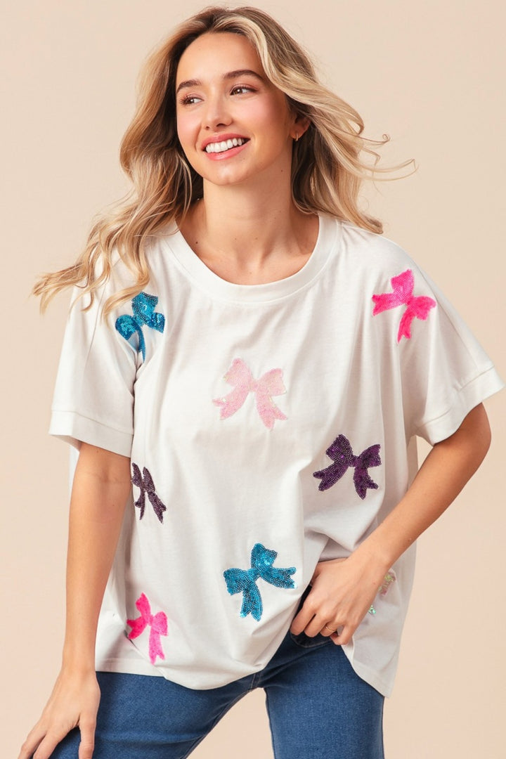 BiBi Sequin Bow Patch Short Sleeve T-Shirt Off White