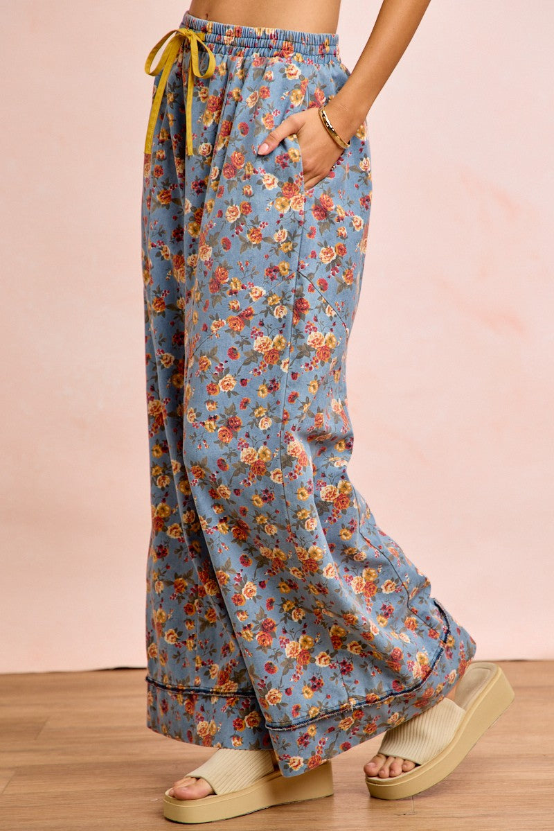 BiBi Floral Printed Drawstring Wide Pants in light blue with yellow waistband