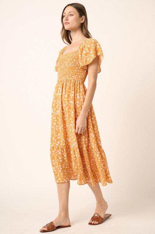 Mittoshop Flower Print Flutter Sleeve Smocked Midi Dress - DAVERRI FASHIONS