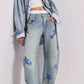 Contrast Star Wide Leg Jeans - DAVERRI FASHIONS