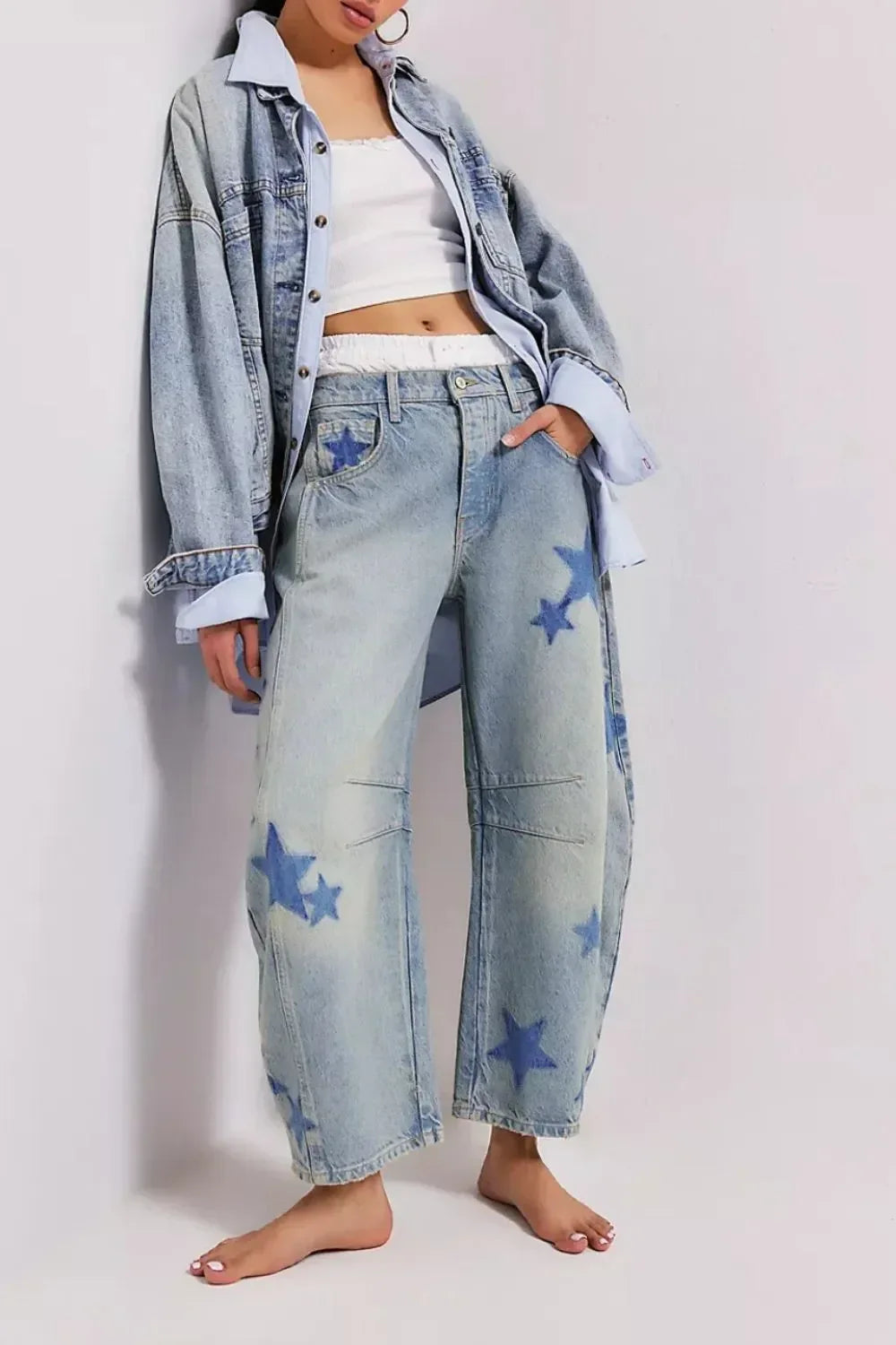 Contrast Star Wide Leg Jeans - DAVERRI FASHIONS